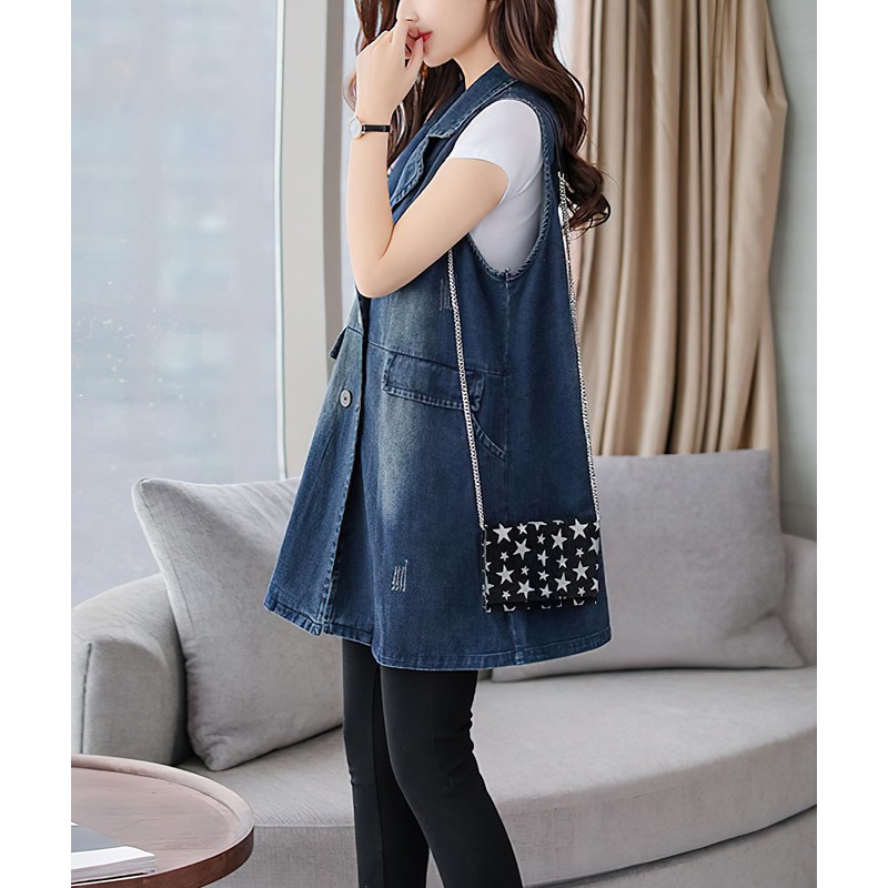 TheyLook Womens Sleeveless Lightweight Long Denim Vest With Pockets Vintage