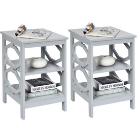 Giantex 3-Tier Nightstand Set of 2, Omega End Table with Storage Shelves, Stable Structure, Versatile Bedside Tables, Wood Sofa Side Table Night Stand for Bedroom, Living Room, Easy Assembly, Gray