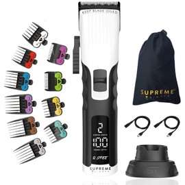 Supreme Trimmer 2Spee Hair Clipper (3.5 Hour Use) Removable Blades, 2 Speeds, Battery Display | Cordless Professional Barber - Easy Color Coded Guide Combs | STC922 White