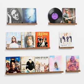 Heimera Vinyl Record Shelf Wall Mount, 6PC Album Record Holder Display, Wood Floating Shelves, Album Shelves,Magazine Rack - Walnut - 1x48In, 1x36In, 2x24In & 2x12In