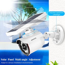 OOSSXX Solar Powered Outdoor Wireless Fake Camera Wire Free Solar Motion Light Motion Sensor Brightest Floodlights Spot Lighting Spotlight Defiant Activated Detector (2-Pack)