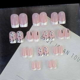 Cubahop 24pcs French Short Square Fake Nails Nude Pink Flower False Nails Rhinestone Butterfly Press on Nails for Women and Girls (Red 1)