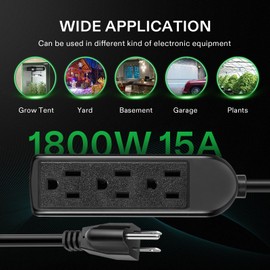 VIVOSUN 25 Ft Extension Cord, 3-Outlet Power Cord for Indoor and Outdoor Use, Durable and Long-Lasting, 1800W Surge Protector, 15A 14 AWG, Great for Garden, Lawn, Home and Office, Black