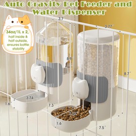 34oz Hanging Automatic Cat Food Water Dispenser, 1L Auto Gravity Pet Feeder and Water Dispenser Set,Cage Cat Dog Food and Water Dispenser for Kitten Puppy Bunny Guinea Pig (Gray)