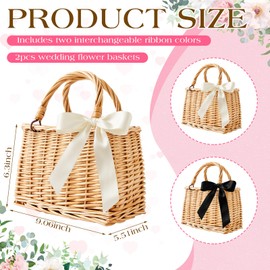 Taiyin 2 Pcs Handwoven Wicker Flower Baskets Rectangular Rattan Woven Handbags with Handle White and Black Ribbons Straw Beach Bag Wicker Basket Purse for Women Summer Wedding