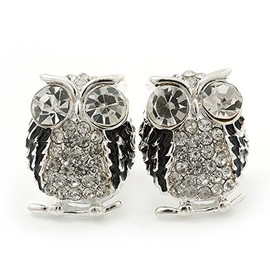 Clear Crystal Black Enamel 'Owl' Stud Earrings In Silver Plating - 18mm Length