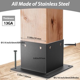 4x4 Stainless Steel Deck Post Base 4pcs | Internal 3.5"X3.5"| 13ga Thick Matte Black Powder Coating Post Anchor , 4x4 Post Bracket for Wood Posts, Fence, Deck Railing, Handrail Railing Support