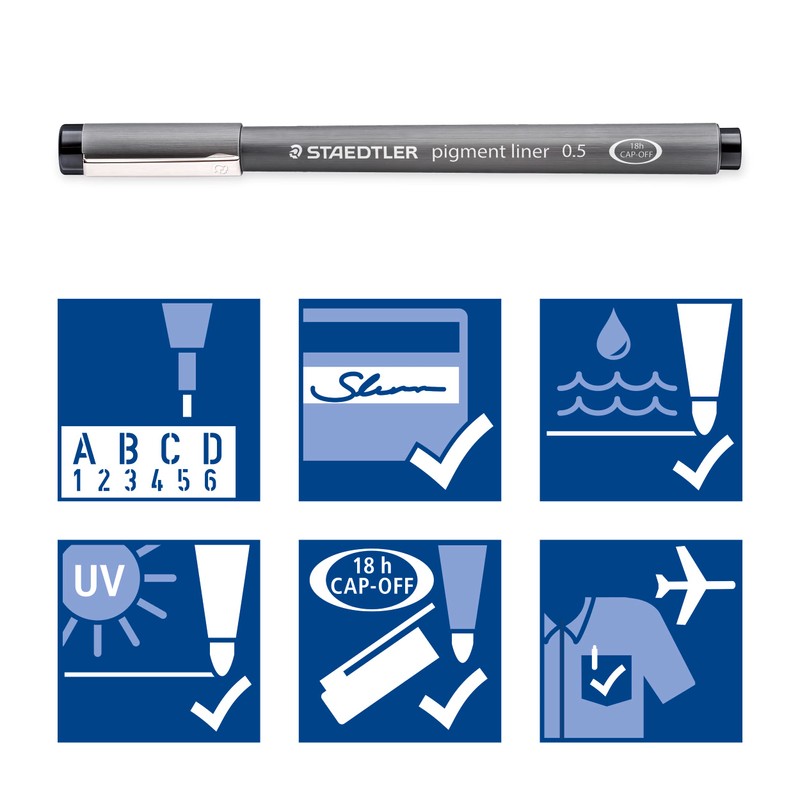 STAEDTLER Pigment Liner Pack, Black, 6 Pens, Assorted Line Widths,