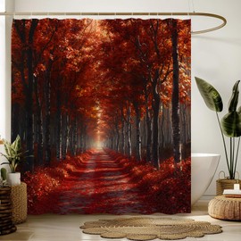 MYYJYY Fall Forest Shower Curtain Autumn Maple Leaves Sunshine Tree Nature Season Scenery,Red 70" Wx70 H Fabric Bathroom Decor Curtain with Hooks