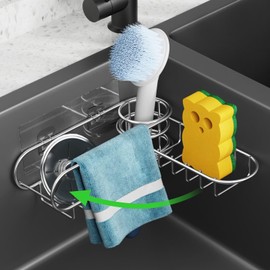 GSlife Sponge Holder for Square Sink Corner - Expandable Sink Caddy for Kitchen Sink, Stainless Steel Kitchen Sink Organizer, Adhesive Kitchen Brush Holder with Sponge, Silver (not for Rounded Corner)