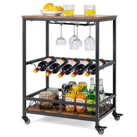 Giantex Mobile Bar Serving Cart, Kitchen Island Cart on Lockable Castors, Industrial Home Storage Cart with Wine Bottles Rack Glasses Holder Metal Frame (Dark Brown)