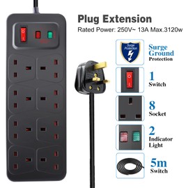 EXTRASTAR Universal Extension Lead, 8 Way Outlets Surge Protection Power Strips with Switch, Wall Mounted 13A/MAX.3120W Fused UK Power Socket (5M, Black)