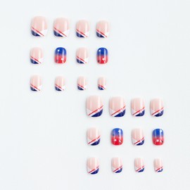 Independence Day Press on Nails Short,Square False Nails with Star Design Blue White Tip Acrylic Nails 4th of July Fake Nails Full Cover Stick on Nails for Women Girls 4th of July Nail Art Decor 24Pcs