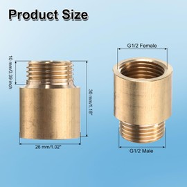 sourcing map 2 Pcs Shower Head Extension Arm 30mm Length Brass Shower Head Extender G1/2 Male to G1/2 Female Thread Straight Pipe Fitting Pipe Extension for Bathroom, Brass