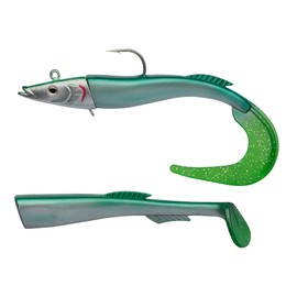 Berkley PowerBait Power Sandeel - Saltwater Soft Bait Fishing Lure for Bass, Pollack, Cod, Ling and Wrasse - Paddle Tail & Curl Tail Supplied, 40g | 15cm, Ayu Green