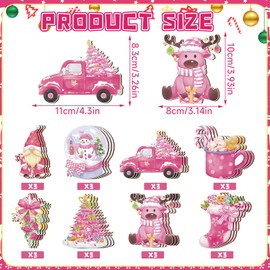 DECYOOL 24Pcs Wood Pink Christmas Ornaments Vintage Christmas Tree Hanging Ornament Pink Xmas Tree Truck Snow Globe Hot Cocoa Hanging Wooden Signs for Christmas Party Home Decor