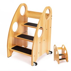 StrongTek Kids Step Stool, Step Ladder with Wheels & Safety Handles, 3-Tier Wooden Toddler Standing Tower, Convertible Chair with Non-Slip Steps, 350 lbs Capacity for Kitchen & Bathroom