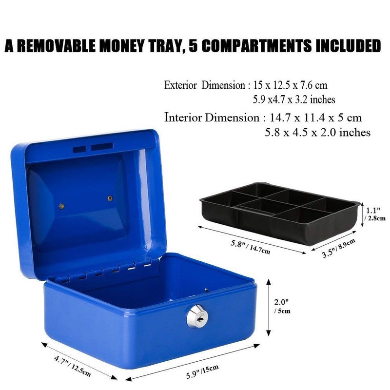 Steel Cash Box Safe with Lock 2 Keys, blue