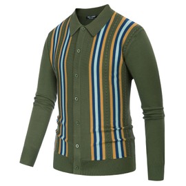 PJ PAUL JONES Mens Vintage Striped Cardigan Button Down Lapel Collar Polo Cardigans Sweaters Green XL