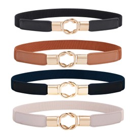 WERFORU Elastic Belt, Women's Skinny Belt for Dresses, Retro Stretch Waist Belt, Thin Belt with Buckle, Pack of 4, A-Black+Brown+Blue+Beige