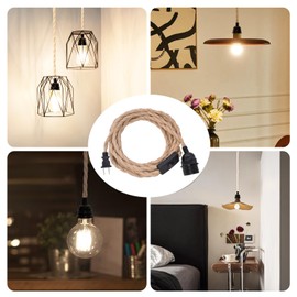 Plug in Pendant Light Cord, Industrial Hanging Light Kit with 15FT Hemp Rope, E26 E27 Light Socket Base for Hanging Lamp Kit, Hanging Light Cord with On/Off Switch, Ideal for Room Decor