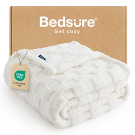 BEDSURE Cuddly Blanket, Fluffy Fleece Blanket, Chequered Pattern Throw Blanket, Soft, Warm, Cosy Plaid Blankets for Sofa, Couch, Bed, White, 130 x 170 cm