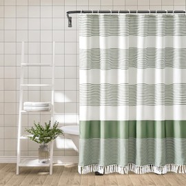 Sage Green Shower Curtain for Bathroom Stripe Tassel Shower Curtain 72 X 72 Inches Boho Farmhouse Linen Fabric Shower Curtain Watrproof Shower Curtain with Hooks