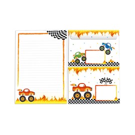 Writing Paper Set Letter Pad with Envelope for Boys Kids Monster Truck Car Kids Motif Letter Paper Pad Lined (A5 Pad with 25 Sheets + 15 Envelopes)