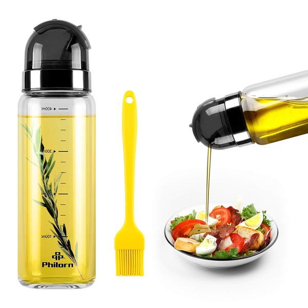 PHILORN Oil Bottle 400 ml, Large Vinegar / Oil Dispenser with Scale, Spout Leak-Free and Anti-Dirt Closure, Glass Olive Oil Container, Oil and Vinegar Dispenser Bottle, Vinegar Bottle, Olive Oil