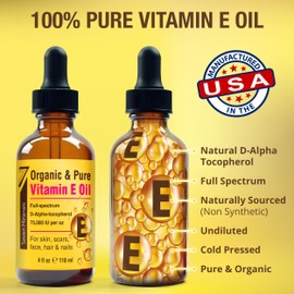 Seven Minerals Ultra Pure Vitamin E Oil - 75,000 I.U. Full-Spectrum D-Alpha Tocopherol, 1 Fl Oz - 100% Organic Vitamin E Oil for Skin, Face, Hair, and Scars - Naturally Occurring = Not Synthetic