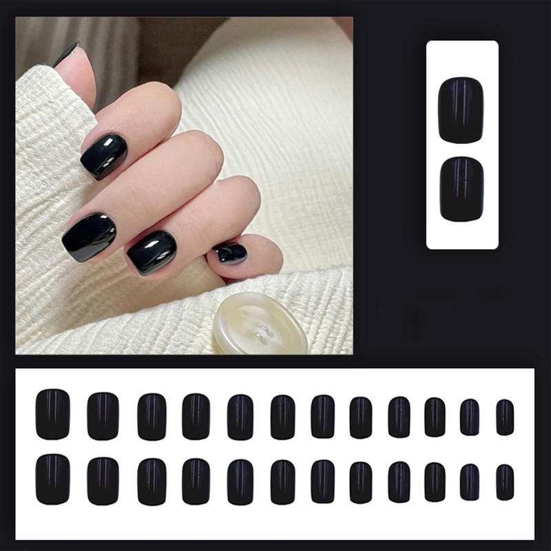 24 pieces black press on nails, short, square nails for