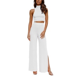 ARTFREE Womens 2 Piece Outfits Sets Casual Sweatsuits Streetwear, Ribbed Knit Palazzo Wide Leg Pants and Cropped Tops White S