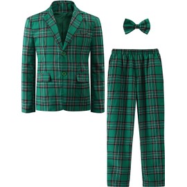 A&J DESIGN Kids Suit Boys Christmas St.Patrick's Easter Tuxedo Formal Wedding Prom Outfit Plaid Blazer Pants Bow Tie Green 12-13Years Teen Graduation Homecoming Dress Suit Emerald Green