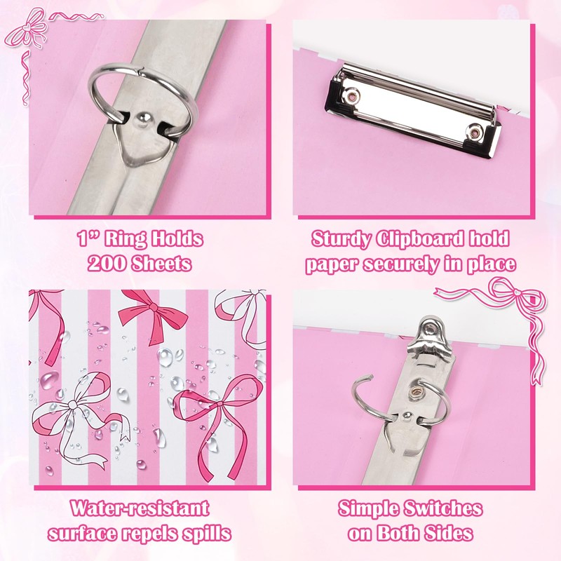 1 Inch 3 Ring Binder with Clipboard, Cute Binder Pink