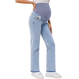 POSHGLAM Women's Maternity Jeans Straight Leg Over Belly Comfy Stretch Denim Pants(Ombre Hem Light Blue, Medium)