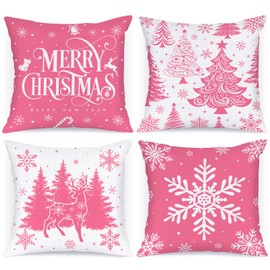 Lanpn 40 x 40 cm Set of 4 Christmas Cushion Covers, 40 x 40 cm, Christmas Trees Cushion Covers, Christmas Decoration, Pink Decorative Christmas Trees, Decorative Cushion Cover, Winter Cushion Cover,