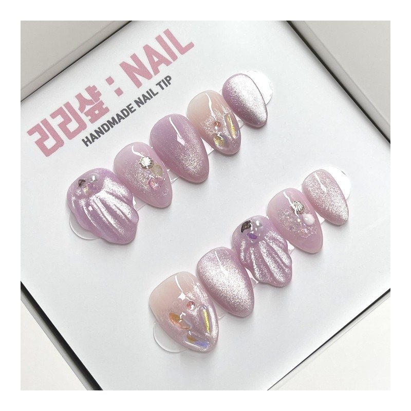 Purple glittering seashell handmade nail tips - Oval / 보랏빛