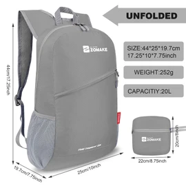 ZOMAKE Lightweight Packable Backpack 20L - Foldable Backpack Leger Sac à Dos Light Daypack Water-Resistant Small Packable Bag Collapsible Hiking Backpack for Travel(Silver grey)