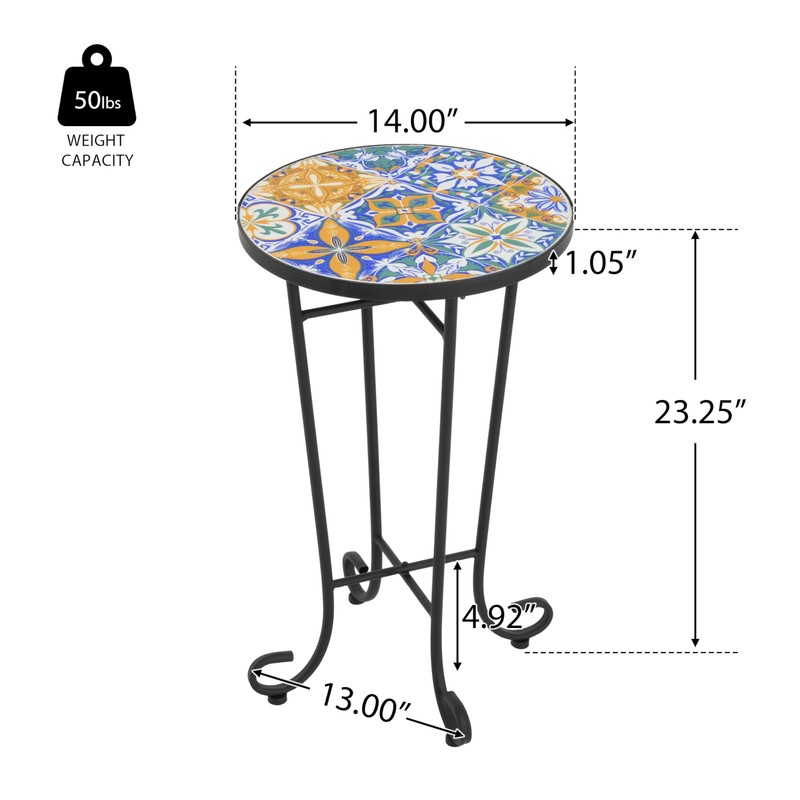 Outdoor Round Side Table,Ceramic Top Patio End Table with Metal