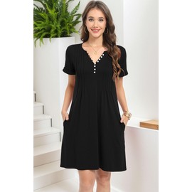Soesdemo Womens Black Summer Dresses Short Rolled Sleeve Pleated Button Down V Neck Casual A Line Beach Vacation Pools Swimsuit Cover Up Shift Sundresses with Pockets