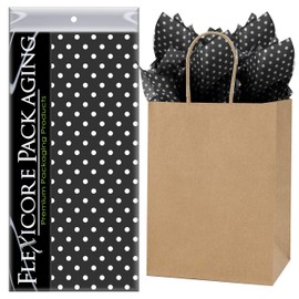 Flexicore Packaging Natural Brown Kraft Paper Gift Bags & Black Gift Wrap Tissue Paper | Size: 8 Inch X 4.75 Inch X 10.5 Inch | Count: 5 Bags | Color: Black Polka Dot