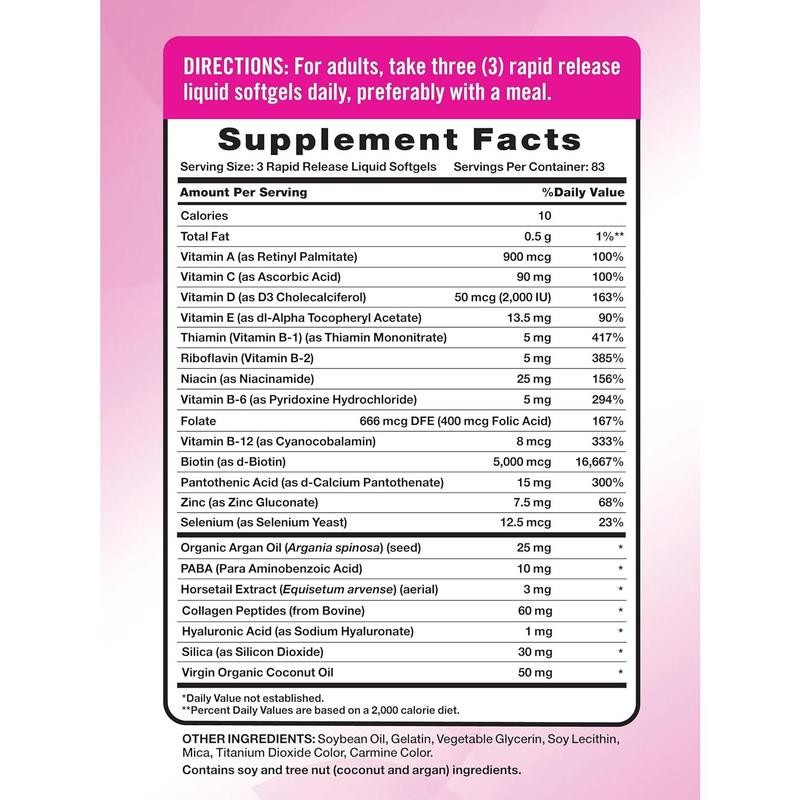 Hair, Skin & Nails Vitamins – 5000mcg, 250 Softgels for