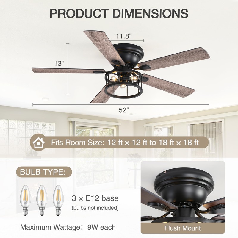 Breezary 52 Inch Flush Mount Farmhouse Rustic Ceiling Fan with