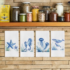 Qpenm Coastal Beach Kitchen Towels Set of 4, Ocean Starfish Sea Horse Jellyfish Shark Decorative Hand Towels for Kids Bathroom Decor, Nautical Dish Towels, Coastal Kitchen Decor, 16x24 Inch