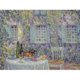 Table Sun in The Leaves by Henri Le Sidaner Flowers Chair Bottles Fruit Kettle Accent Tile Mural Kitchen Bathroom Wall Backsplash Behind Stove Range Sink Splashback One Tile 8"x6" Ceramic, Matte