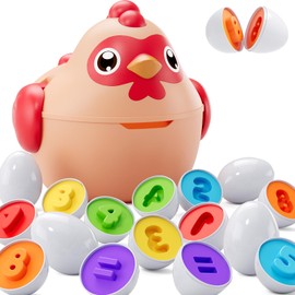 HYES Matching Eggs for Toddlers 1-3, 12PCS Shape Sorting Toys Chicken Montessori Geometric Sensory Play Eggs, Color Stacking Block Easter Gifts for Baby Boys Girls