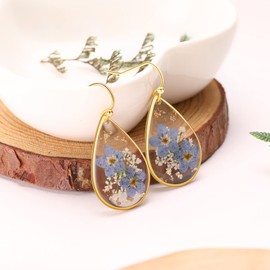 Vergissmeinnicht und Queen Anne's Lace Gepresste Wildblume Ohrgehänge | Gepresste Blume Träne Ohrringe Trockenblumen | Drop Dangle Ohrringe für Damen | Handgemachte Ohrringe | Geschenk für Frau