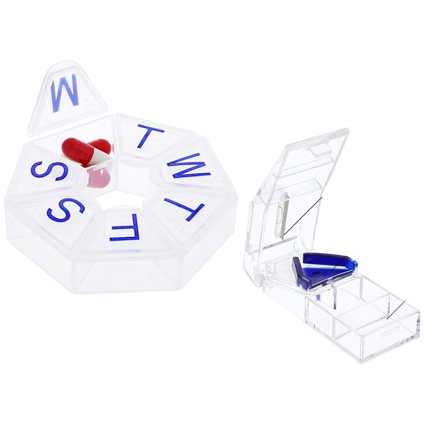 Weekly 7 Day Pill Organizer and Pill Splitter Travel Combo Kit - Portable Pill Planner and Pill Cutter for Easy Storage and Cutting Small Pills in Half