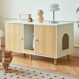 Litter Box Enclosure for 2 Cats, Double Hidden Cat Litter Box Furniture Cabinet with Scratching Pad, Cat House Washroom, Wooden Side End Table Modern, Wood