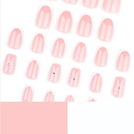 Press on Nails,24PCS French False Nails - Medium Square False Nails - White Tip Bow Design Full coverage Glossy false nails with Glue - Stick on Nail for Women Girls
